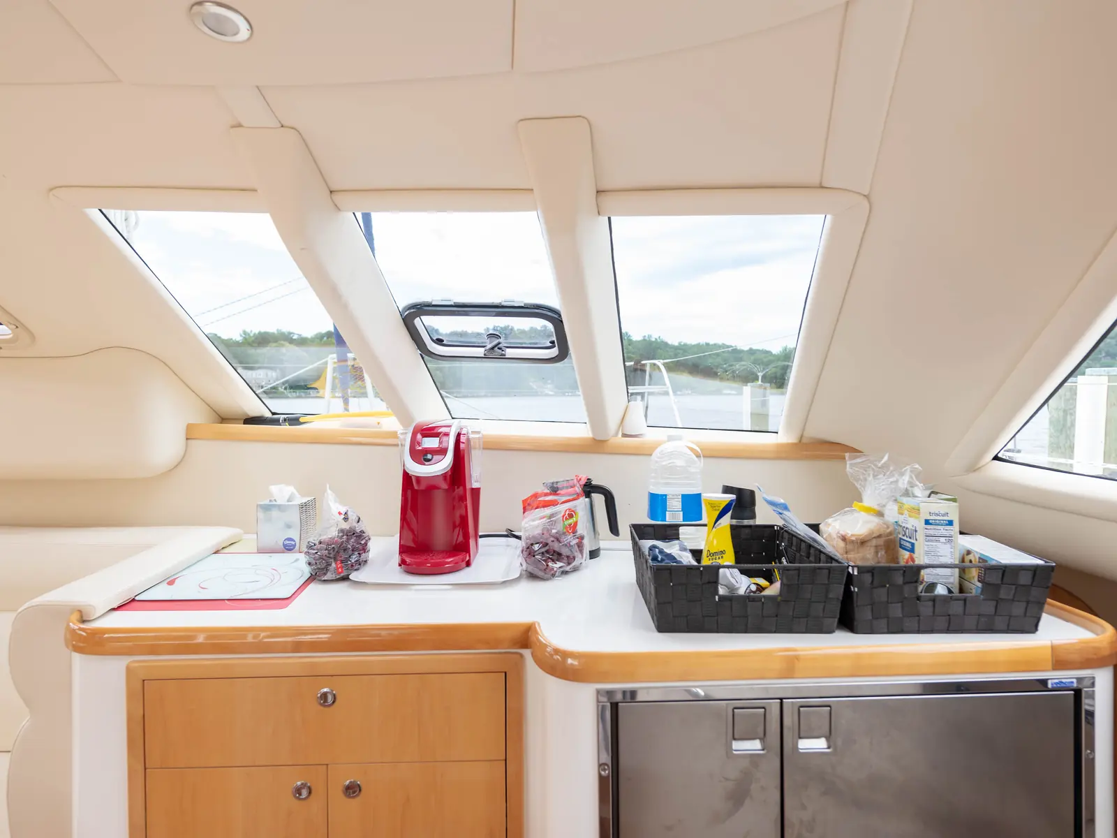 Galley of a cruising catamaran with refrigeration drawers under the counter