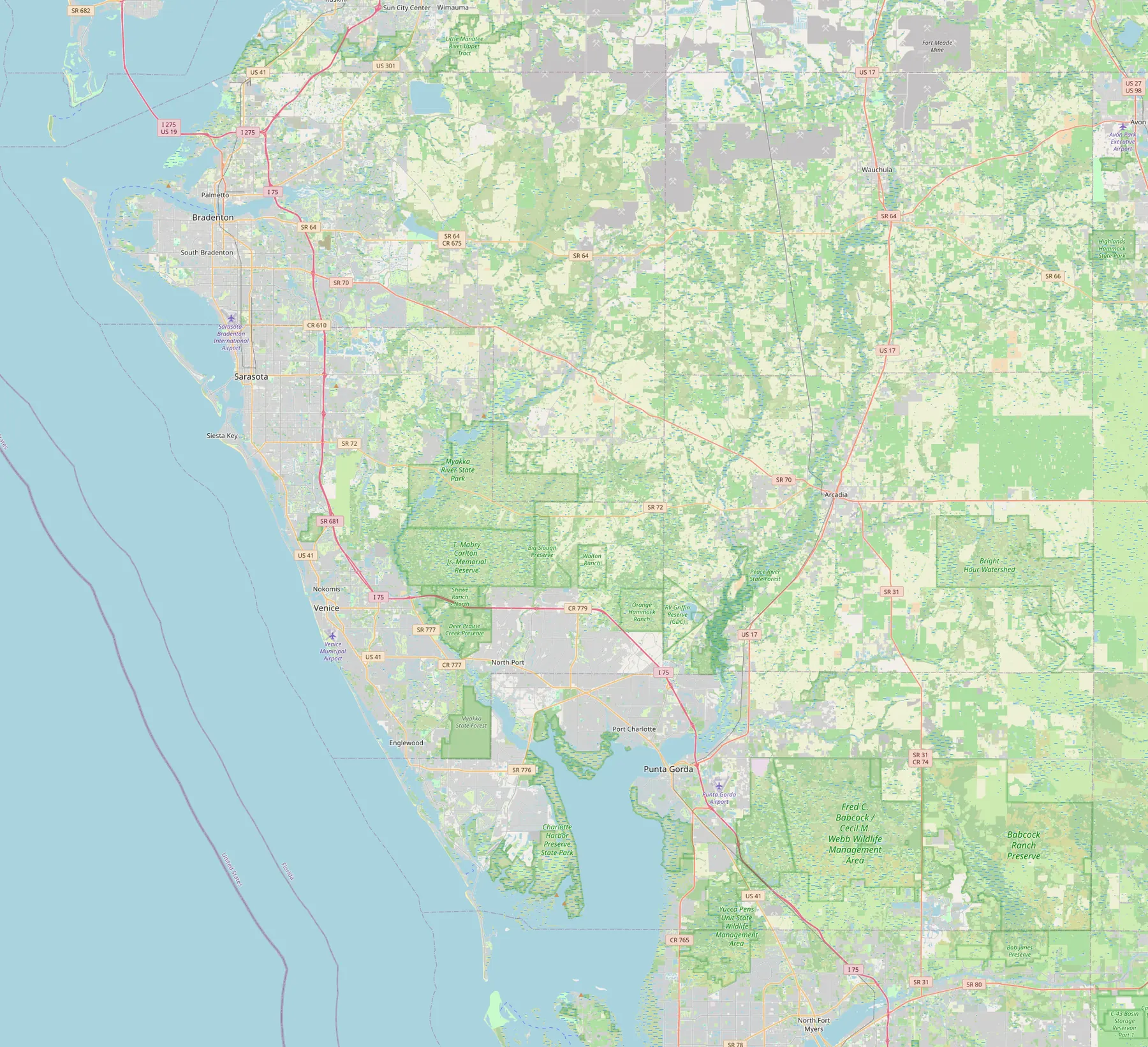 Map of Sarasota, Manatee & Charlotte counties showing the ten areas Doctor Fridge serves